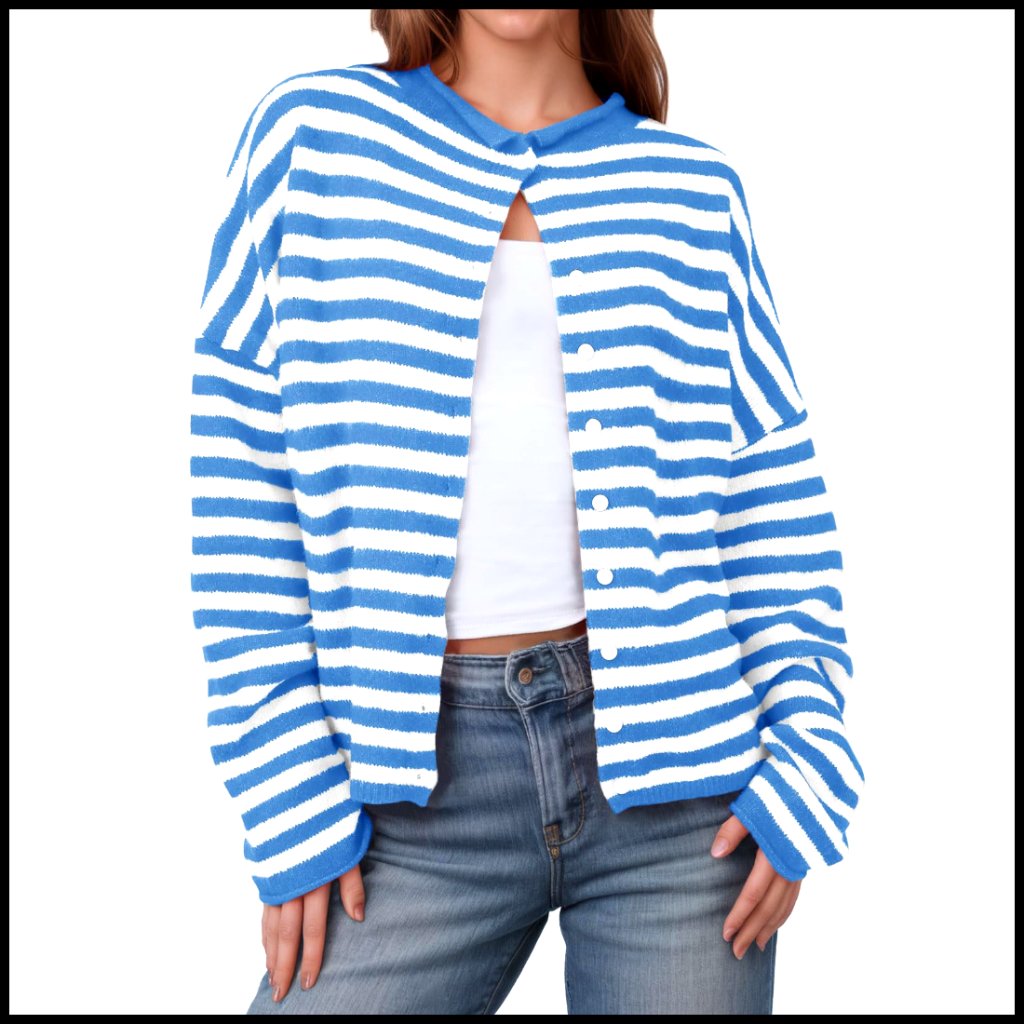 Long Sleeve Striped Cardigan Lightweight Open Front Button Down Casual